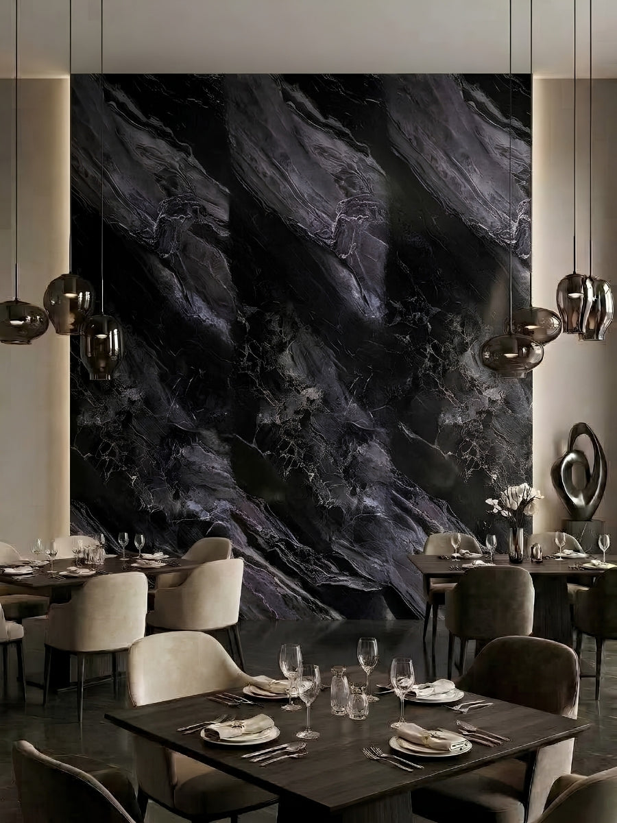 Noir Vein Marble wall panels creating a dark veined accent wall in an elegant restaurant dining area