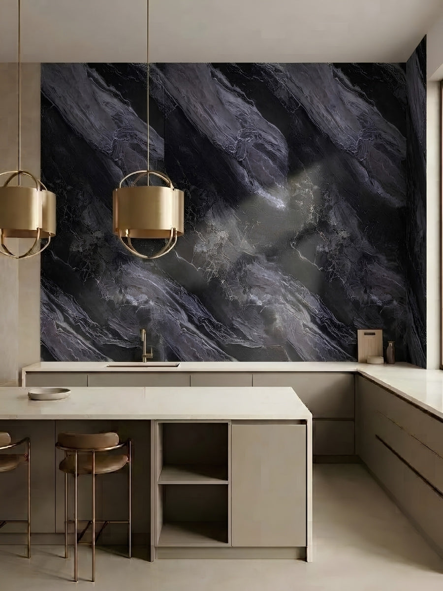 Contemporary kitchen with a black Noir Vein Marble panel backsplash and gray-violet veining