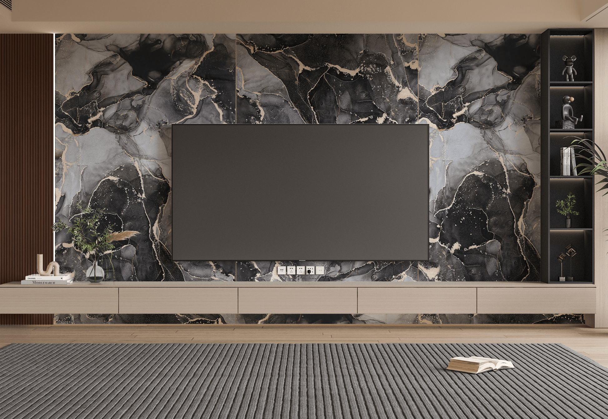 PVC 3D MARBLE SHEET GOLDEN ONYX. New Era Wall Panels. Living room  with PVC Marble sheets design