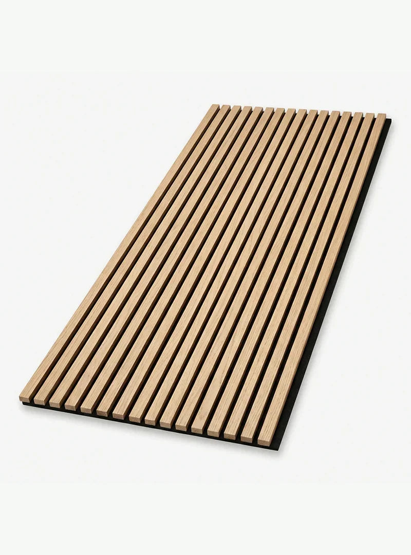 Wood Slat Acoustic Panels Sample Box panel in a warm honey-brown finish with black gaps