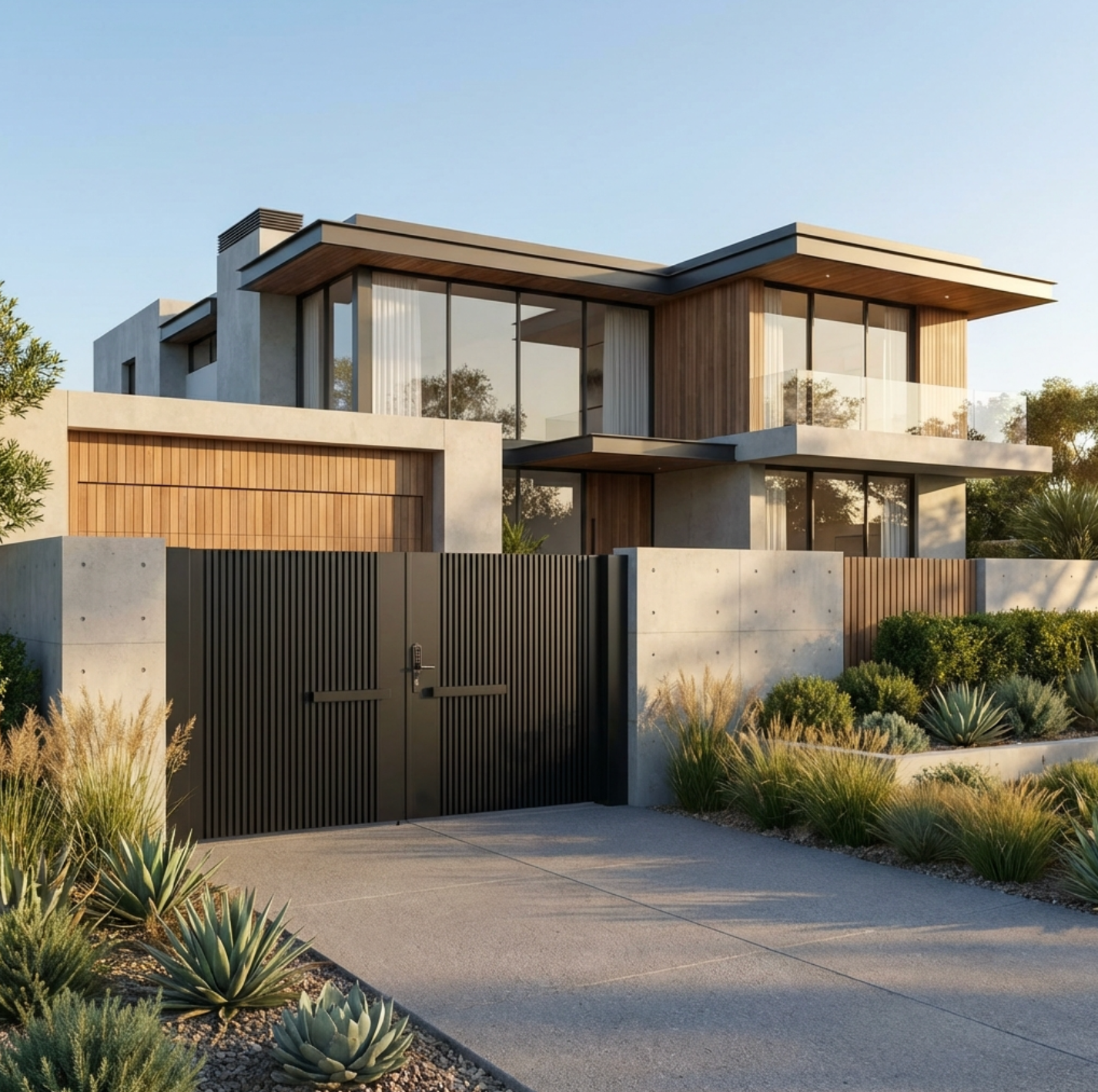 Modern house with a driveway and garden under a clear blue sky luxury aluminum gate