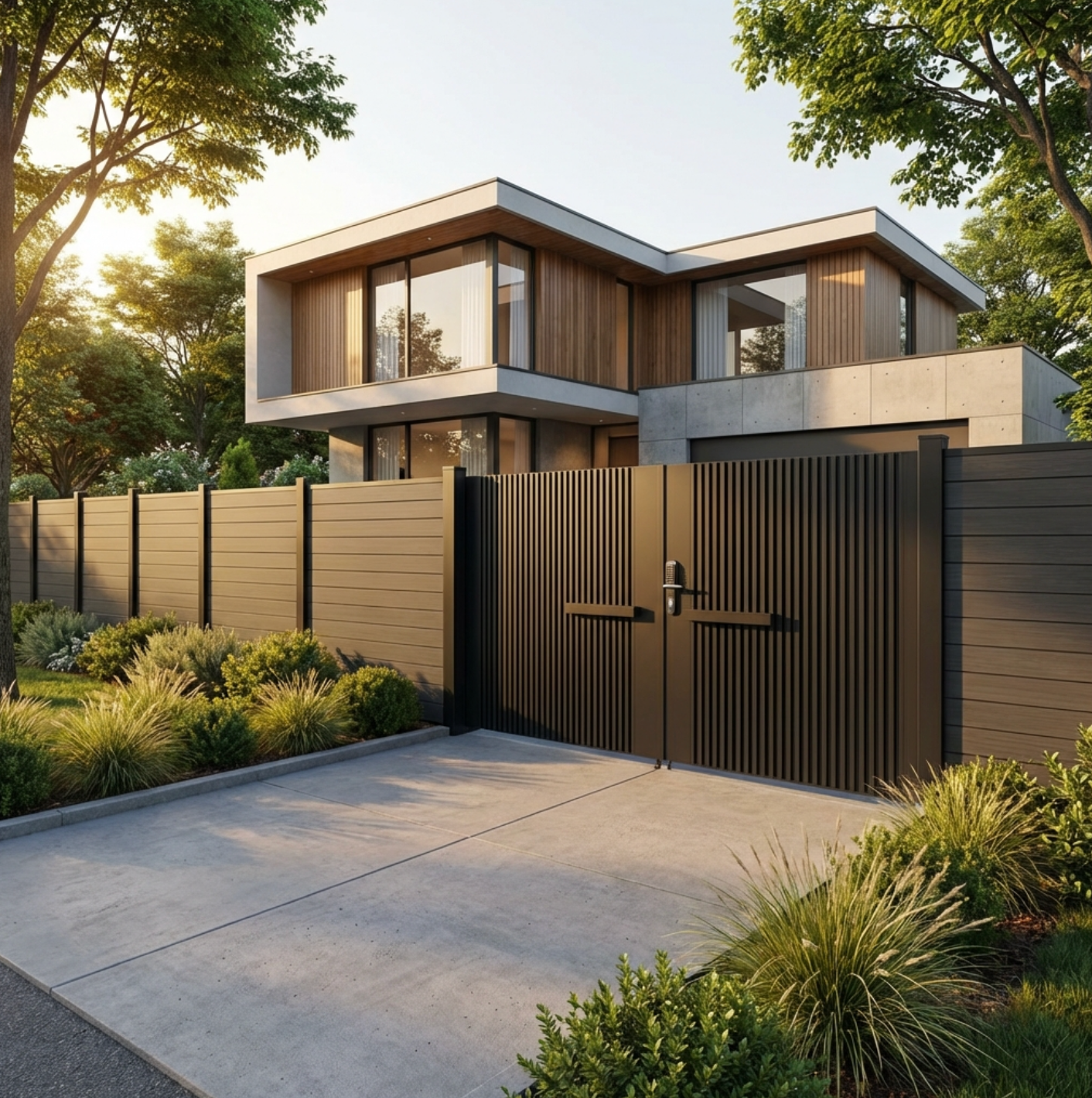 Modern house with a driveway and gate, surrounded by trees and plants. double gate