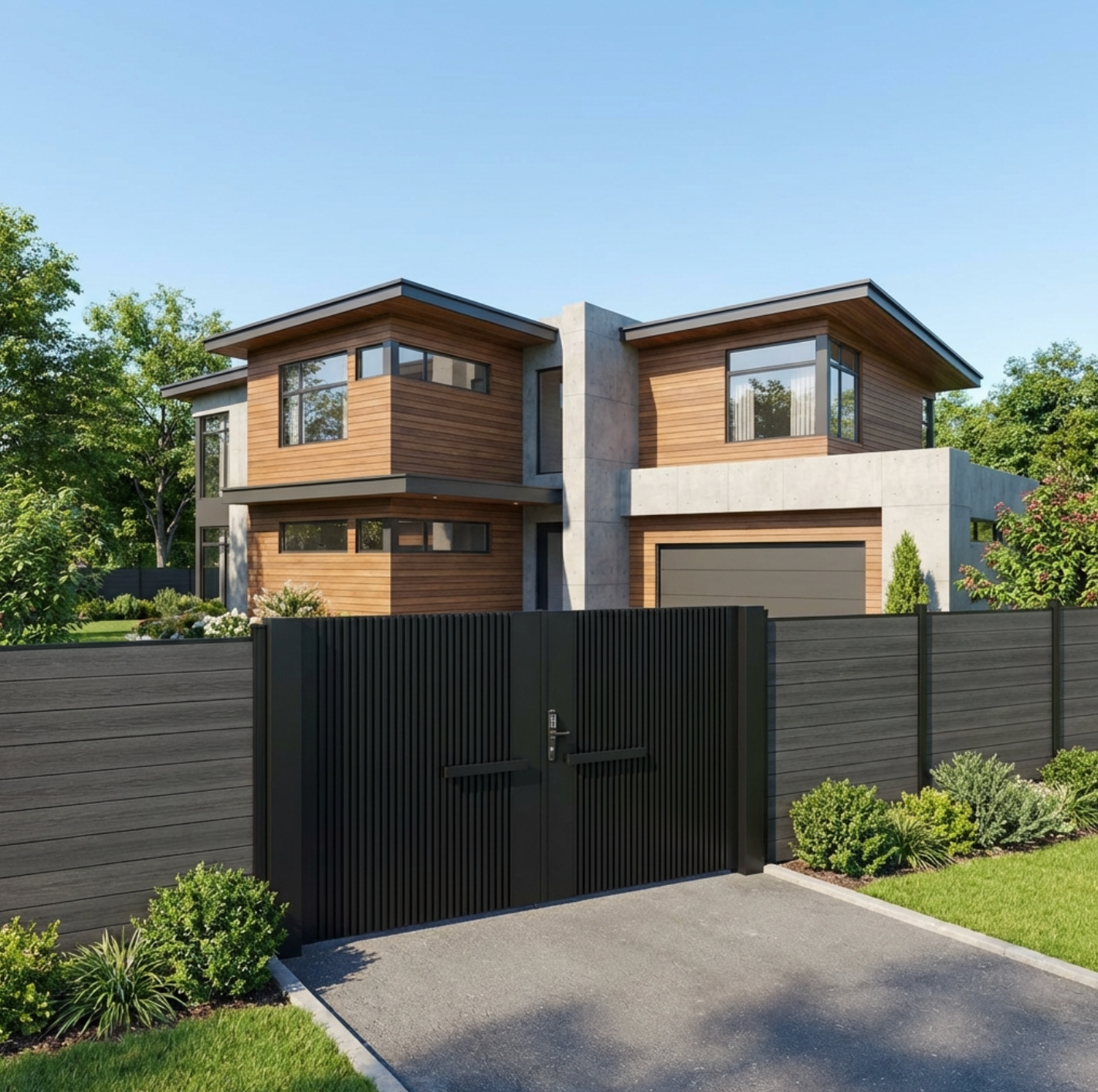 Modern house with wooden facade and black gate in a suburban setting with double gate