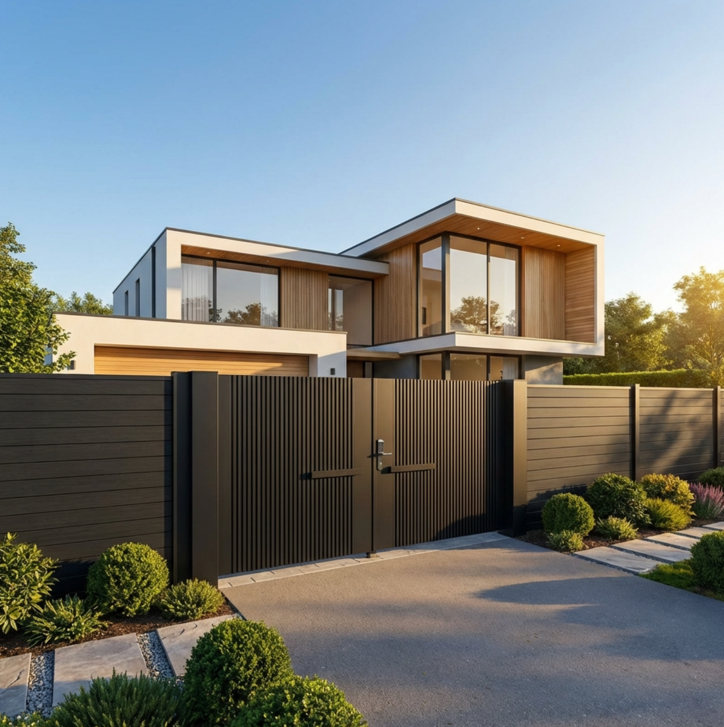 Modern house with a black metal gate and well-maintained garden beautiful double gate 