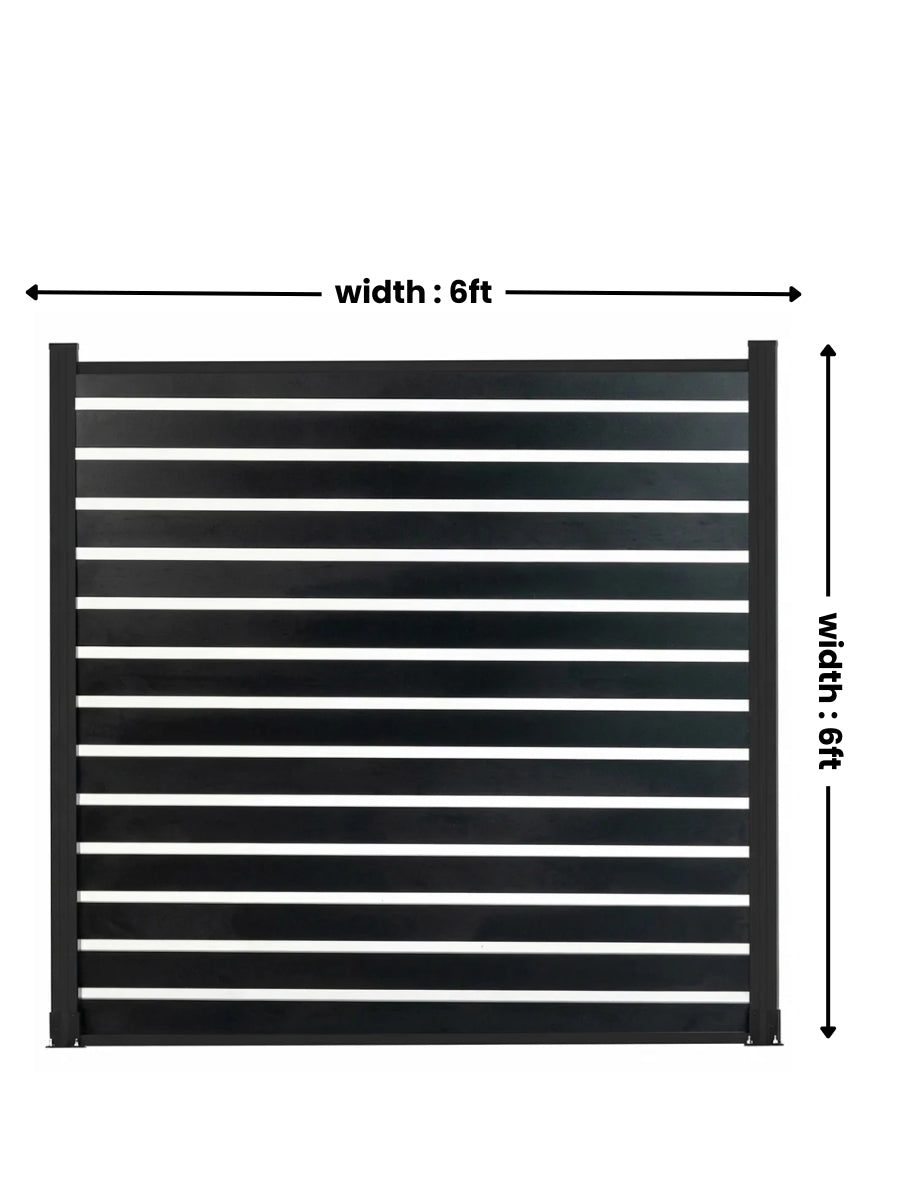 Black all-aluminum open slat fence panel with measurement arrows showing 6 ft width and 6 ft height
