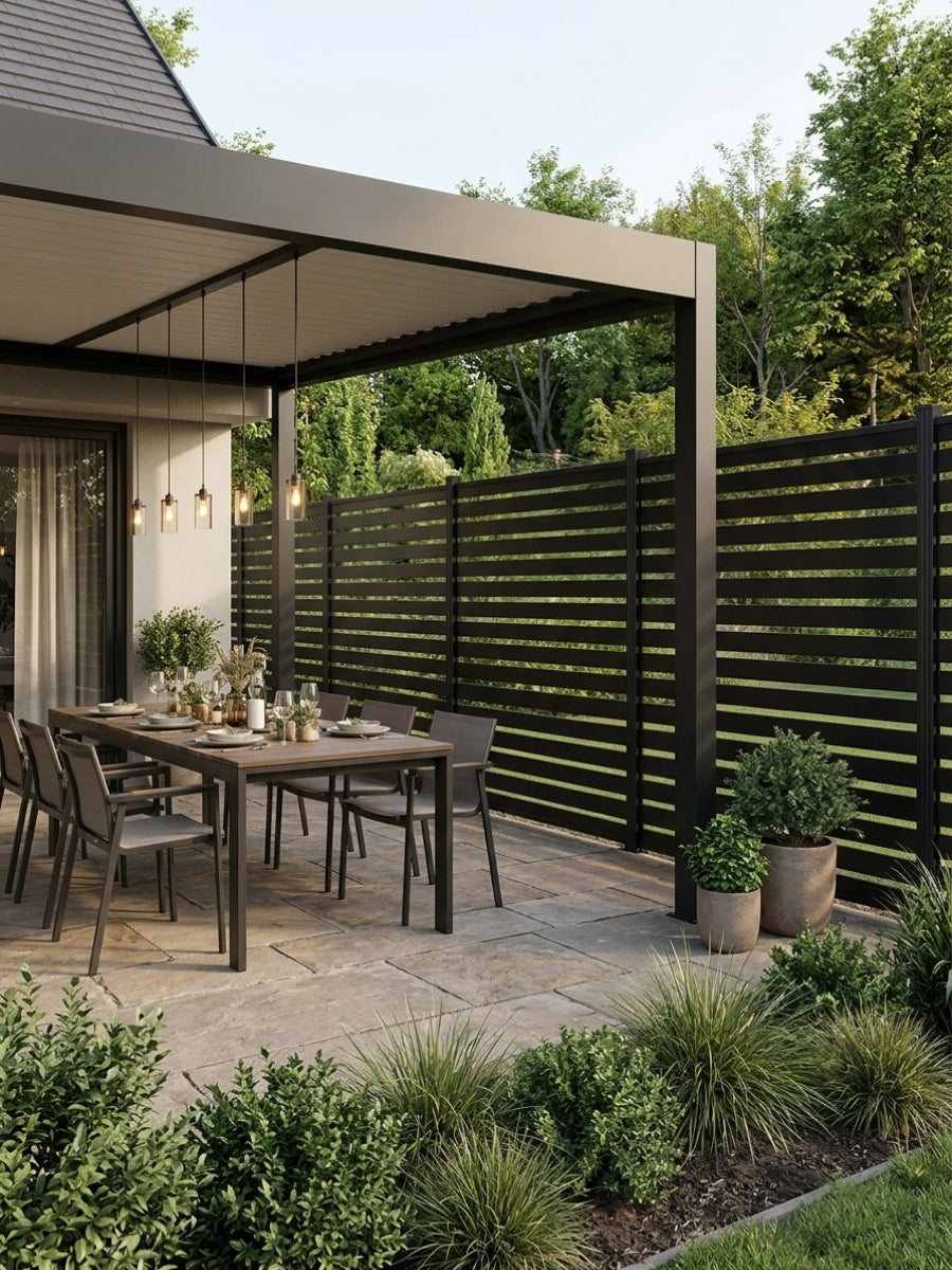 Black open slat aluminum fence panels installed around a covered backyard dining patio