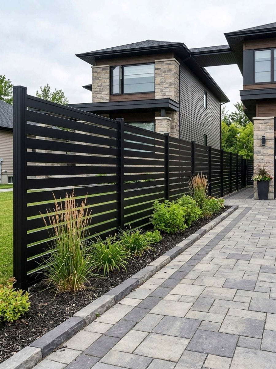 Black open slat aluminum fence lining a landscaped paver driveway beside a modern home