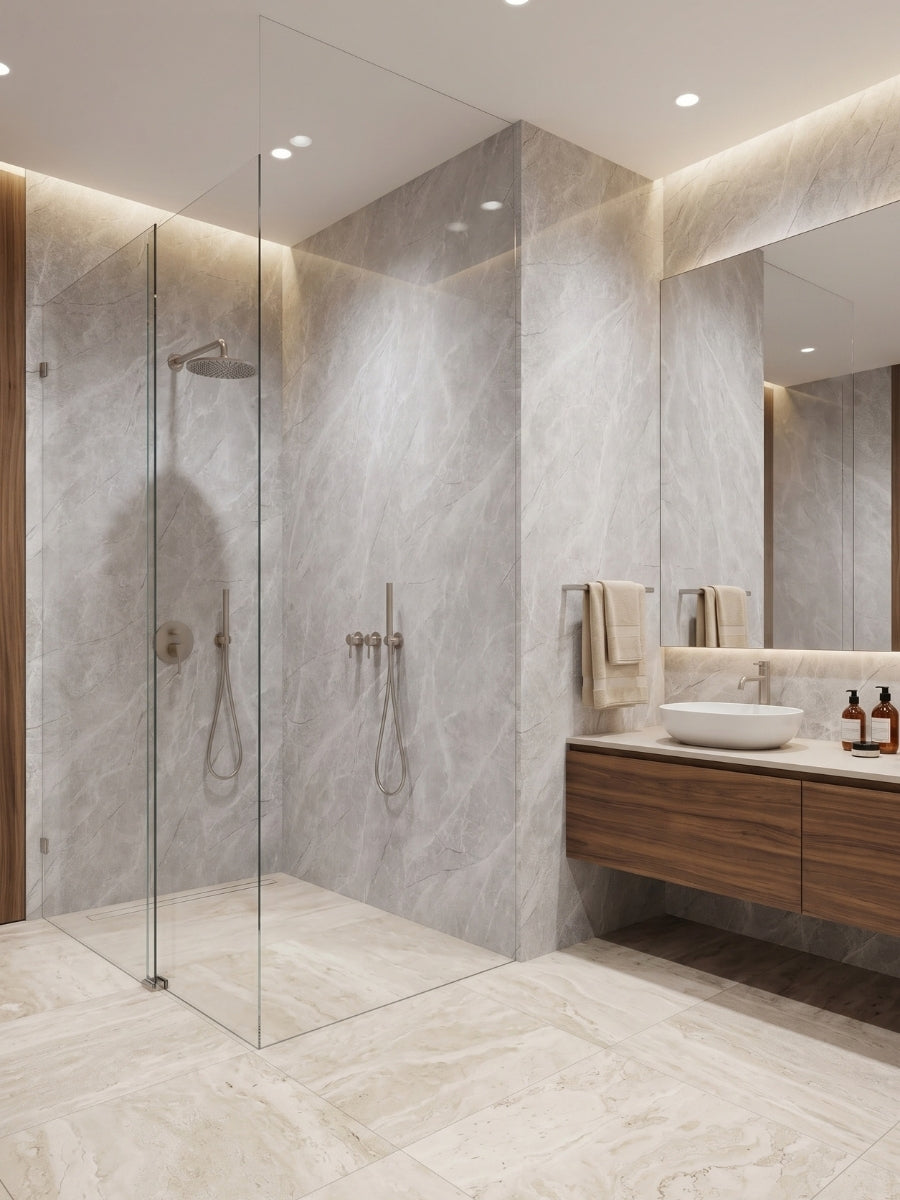 Serene Stone gray marble-look PVC wall panels installed in a modern bathroom with glass shower and wood vanity