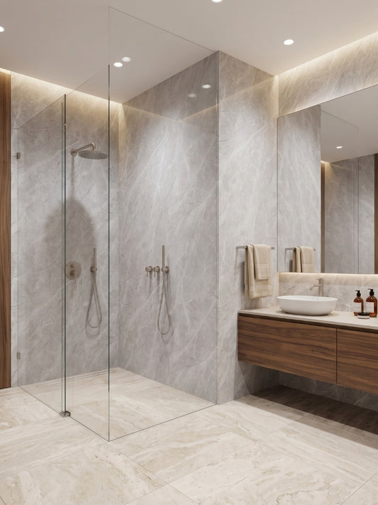 Serene Stone gray marble-look PVC wall panels installed in a modern bathroom with glass shower and wood vanity
