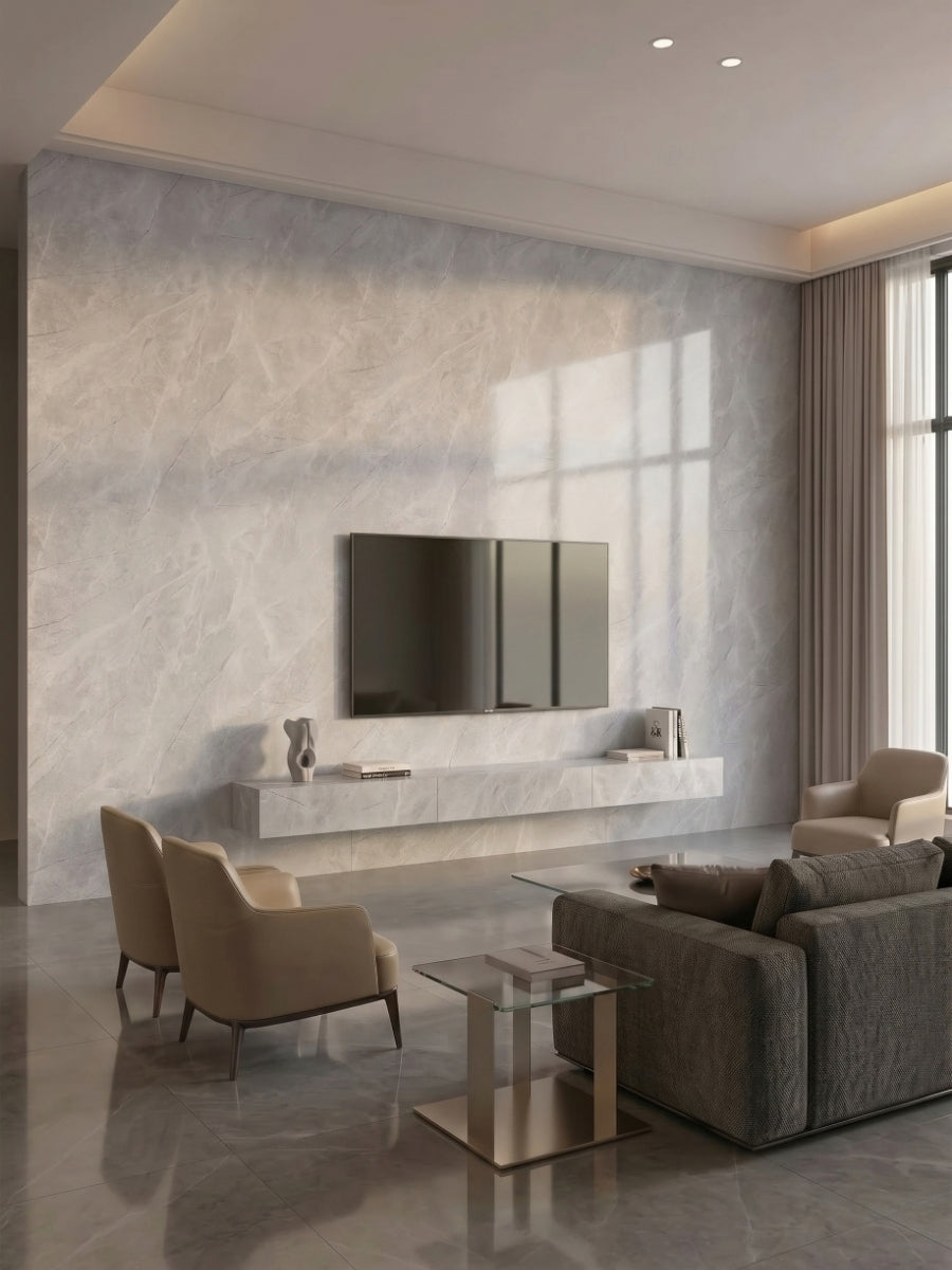 Serene Stone gray marble-look PVC wall panel installation behind a TV in a contemporary living room