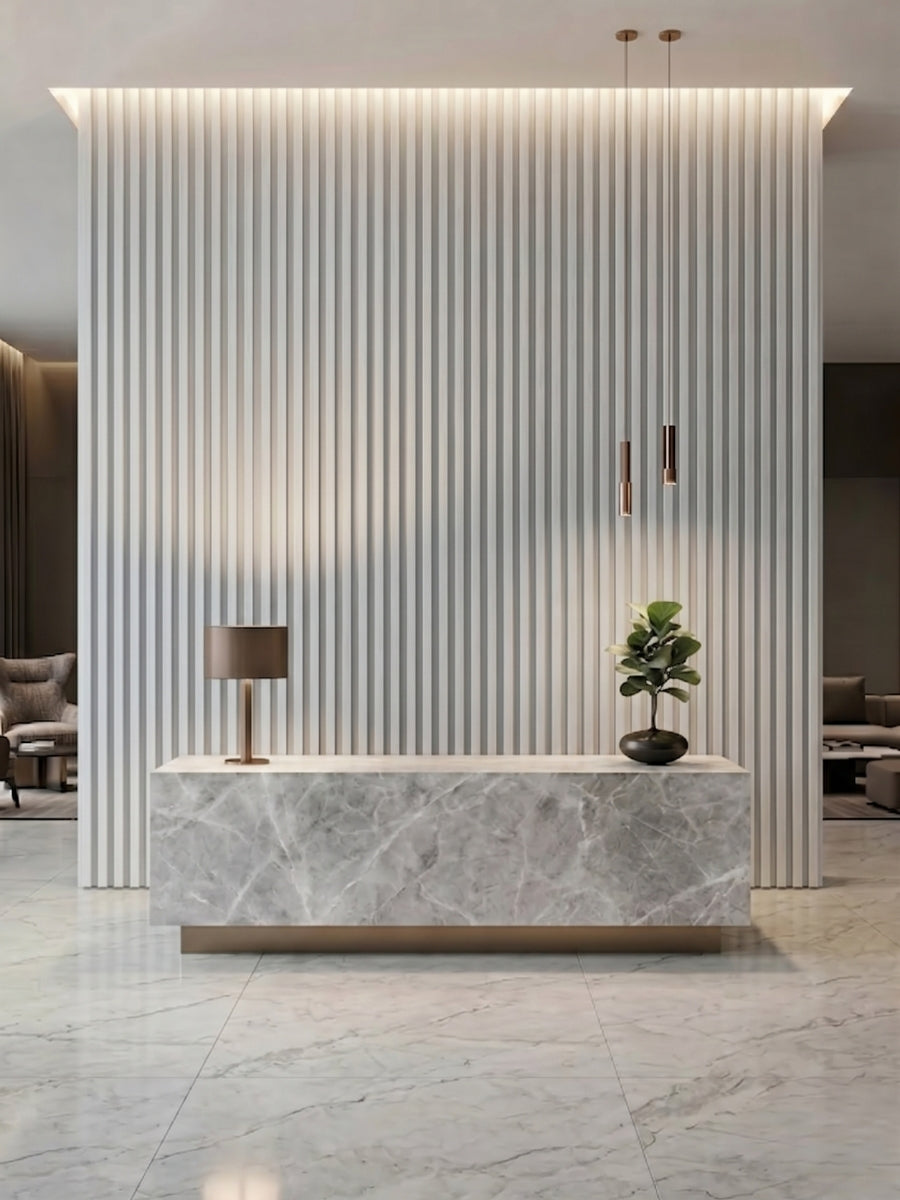Modern White Reception Wall Design with Fluted WPC Panels
