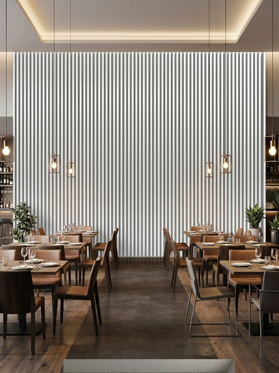 White Brushed WPC Wall Panels for Modern Restaurant Interiors