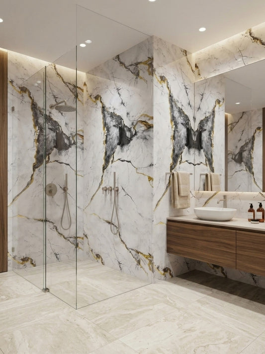 White deep gray marble PVC wall panels installed across a modern bathroom shower and vanity wall