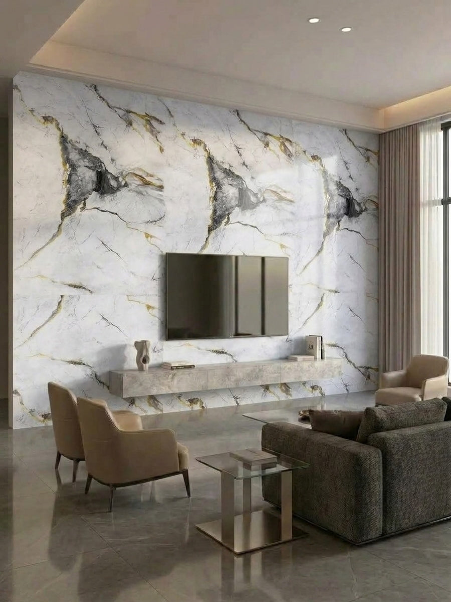 White deep gray marble PVC wall panels creating a floor-to-ceiling TV accent wall in a living room