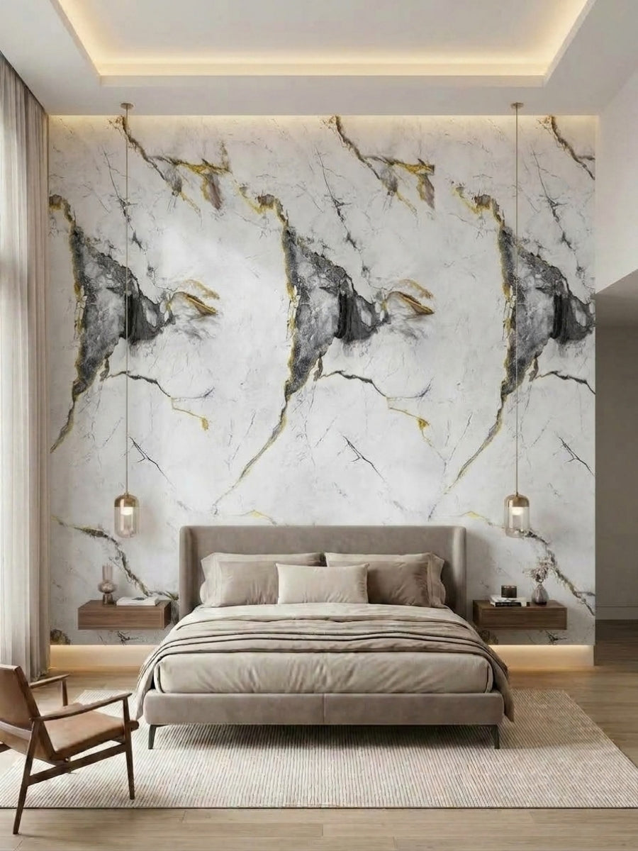 White marble-look PVC wall panels with dramatic deep gray veining installed as a bedroom feature wall