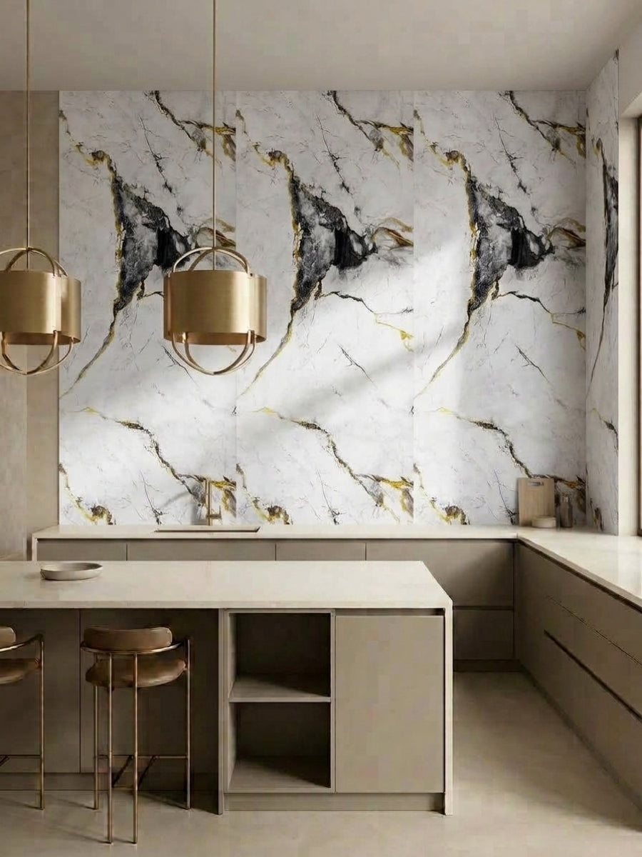 White marble PVC wall panels with deep gray and gold veining installed above modern kitchen counters