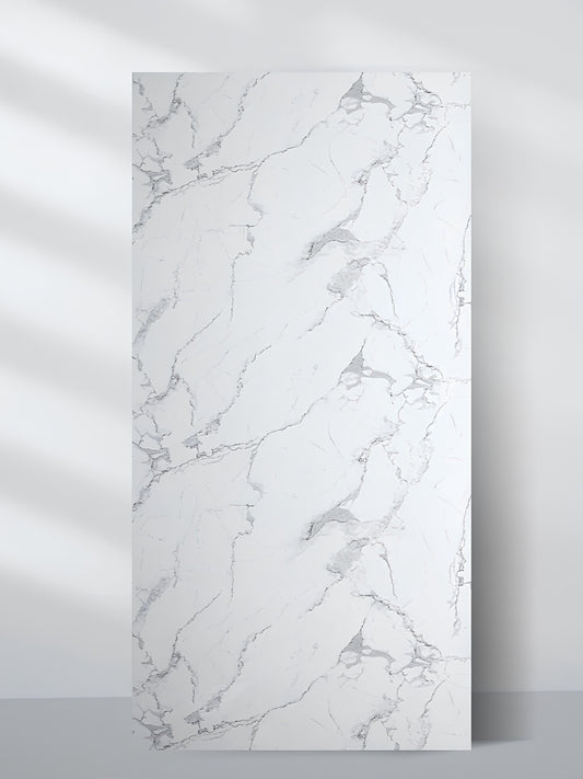 Freestanding 4 x 8 ft white and gray pearl marble-pattern PVC wall panel with delicate veining