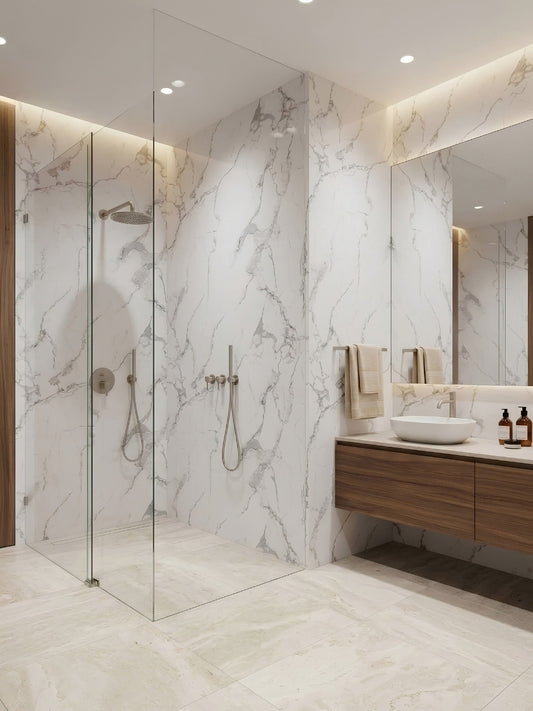 White and gray pearl marble PVC wall panels installed around a glass-enclosed shower and bathroom vanity