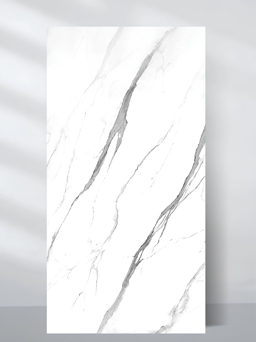 4 x 8 ft white matte marble-look PVC wall panel with bold gray veining