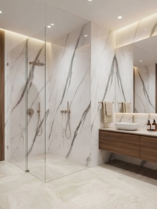 White matte marble-look PVC wall panels installed around a glass shower and bathroom vanity