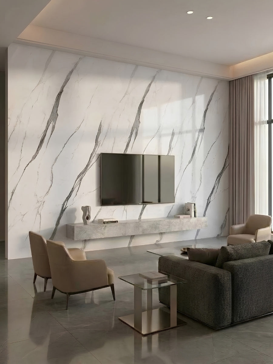 Modern living room TV wall finished with white matte marble-look PVC panels