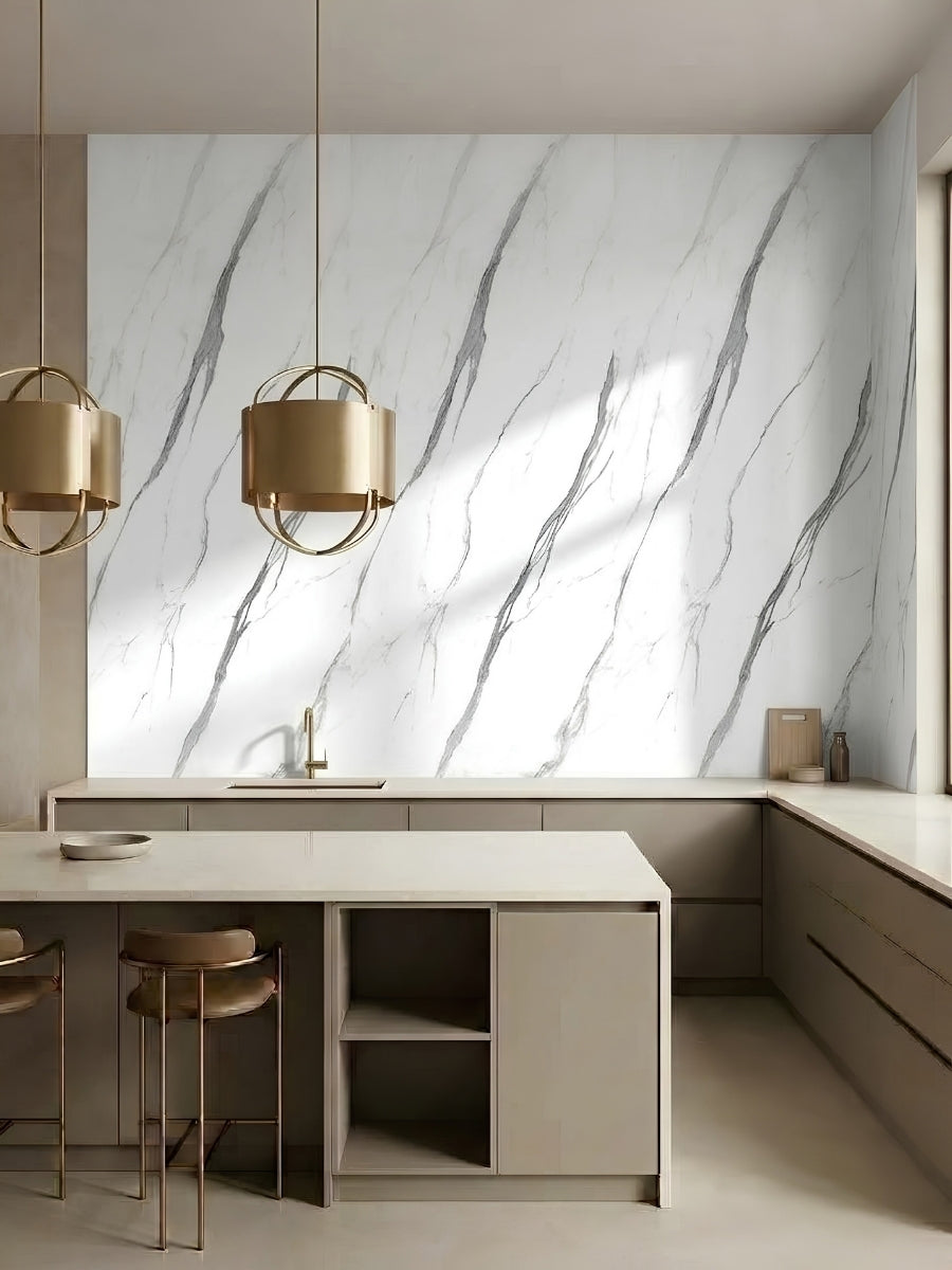 White matte marble-look PVC wall panels installed as a kitchen backsplash feature wall