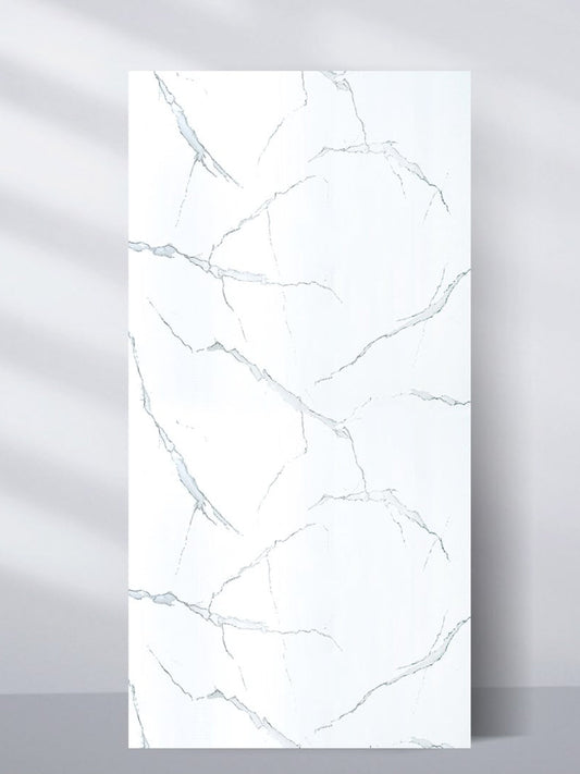 Upright 4 x 8 ft White Gray Pearl Marble PVC wall panel with delicate gray veining on a white surface