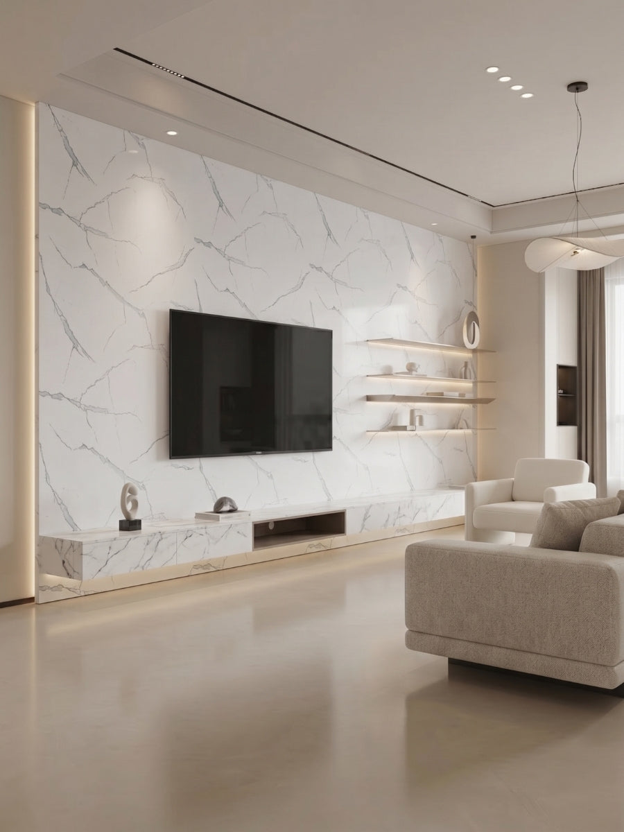 Modern living room with White Gray Pearl Marble PVC wall panels behind a mounted TV and floating shelves