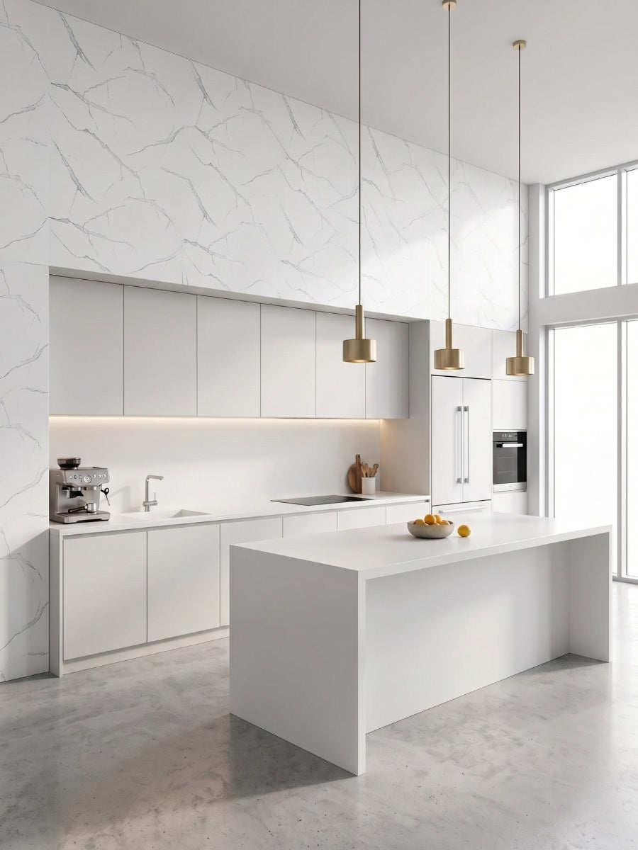 Bright modern kitchen with White Gray Pearl Marble PVC wall panels above white cabinets and an island