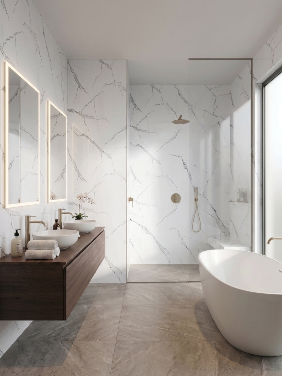 Contemporary bathroom with White Gray Pearl Marble PVC wall panels around a walk-in shower and freestanding tub