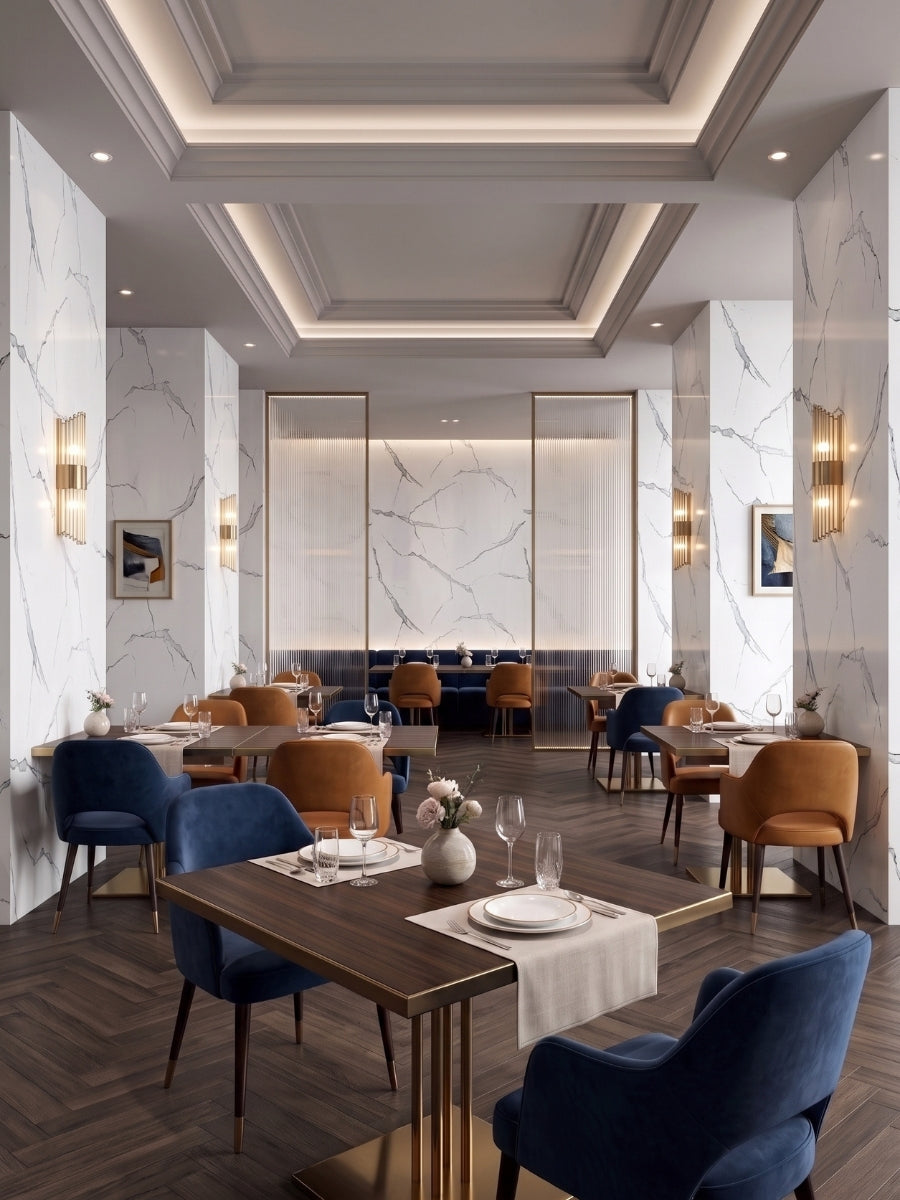 Elegant restaurant interior with White Gray Pearl Marble PVC panels on columns and the central accent wall