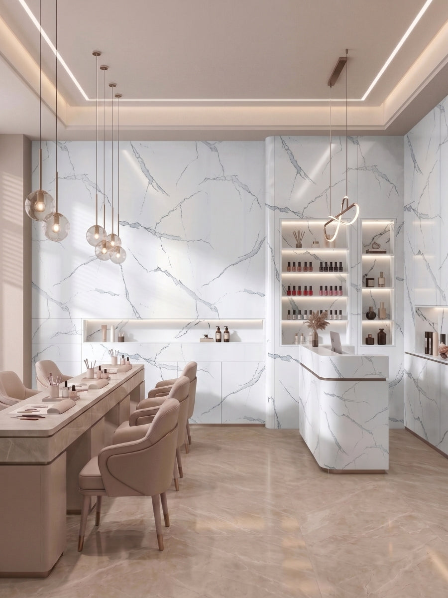 Modern dining and bar area with White Gray Pearl Marble PVC wall panels and integrated lighting