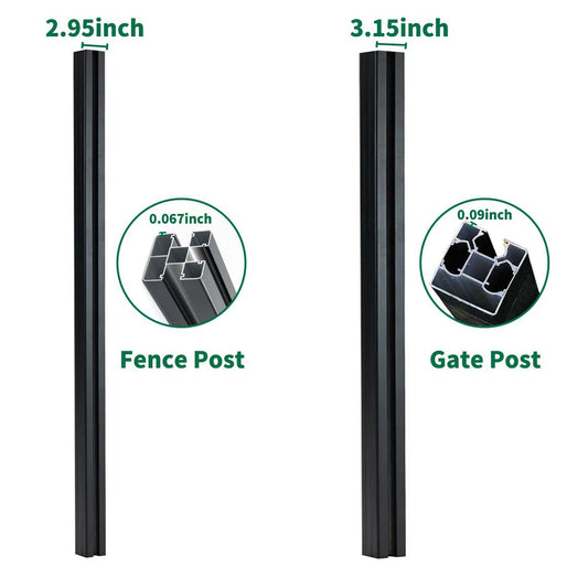 Black aluminum fence post vs gate post comparison showing 2.95 inch fence post and 3.15 inch heavy-duty gate post profiles