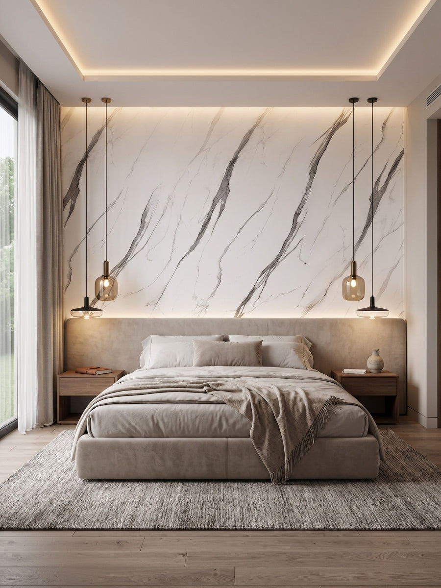 Modern bedroom with White Matte Marble UV PVC wall panels