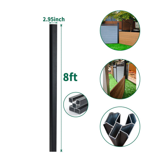 8 ft black aluminum fence post with 2.95 inch width, reinforced multi-channel extrusion, shown installed with composite fence panels for modern outdoor fencing