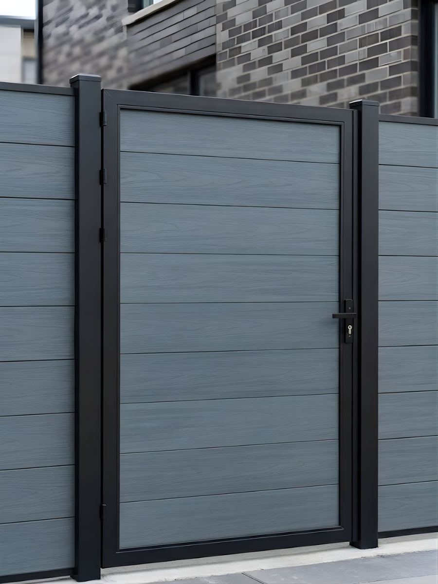 light gray WPC fence single gate 4x6 ft installed backyard privacy fence